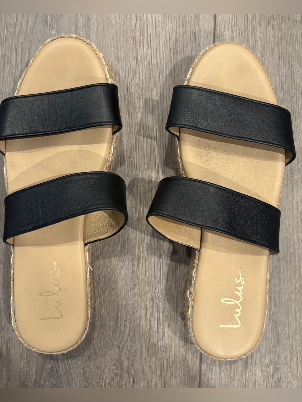 Lulu's Black Double-Strap Espadrille Slides with Tan Footbed